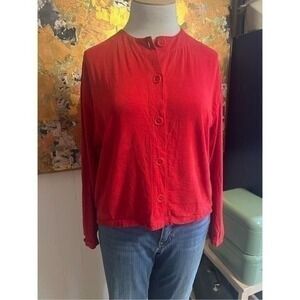 Tianello Bright Red Crop Jacket" Button Front Tunic Tencel Blend Collarless Size